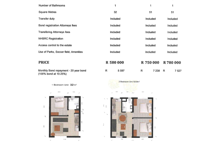 A price list and floor plan layout for sectional title flats at Capital Hill Estate, detailing unit sizes and financial information.