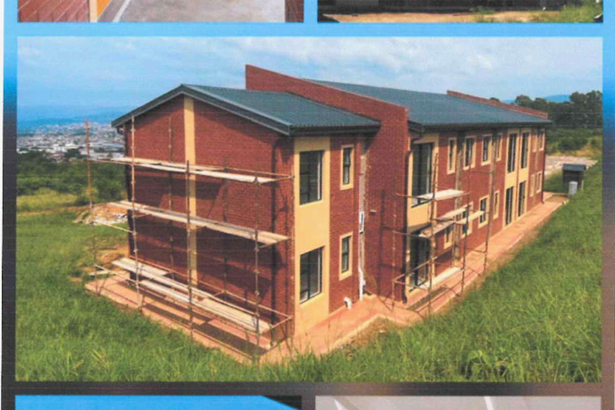 A collage of images showing the exterior facade, a hallway, a scenic landscape view, and an interior ceiling structure of an apartment building.