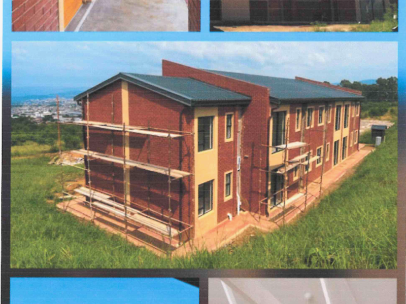 A collage of images showing the exterior facade, a hallway, a scenic landscape view, and an interior ceiling structure of an apartment building.