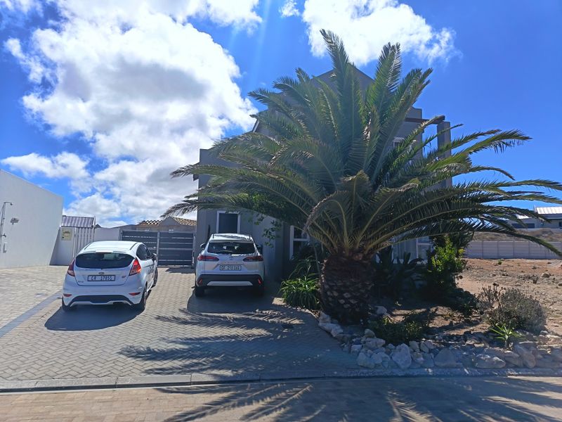 Front elevation of the property featuring a paved driveway, secure metal gate, and established palm tree in the front garden area.
