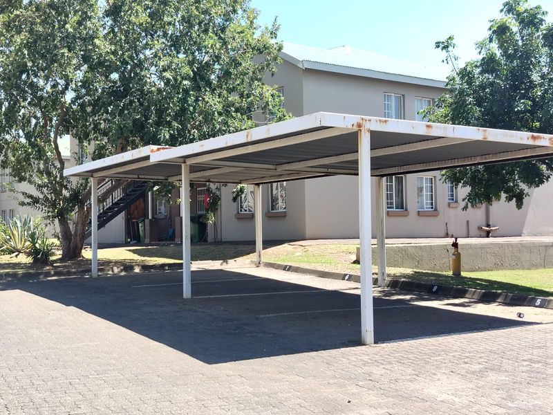 An outdoor covered parking area featuring a metal carport structure situated on a paved driveway.