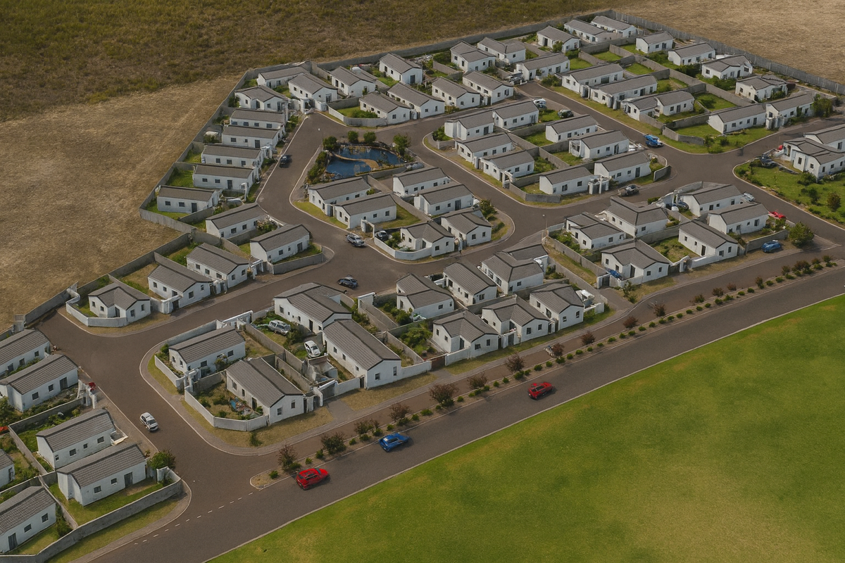 An aerial view of a residential housing estate featuring multiple detached homes, paved internal roads, and perimeter boundary walls.