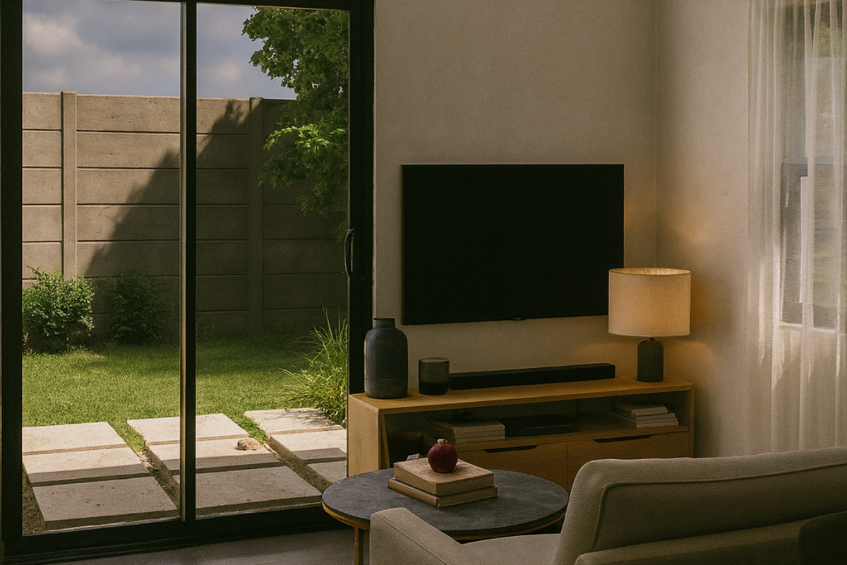 A well-maintained living room featuring tiled flooring and a large sliding glass door that provides direct access to the rear garden.