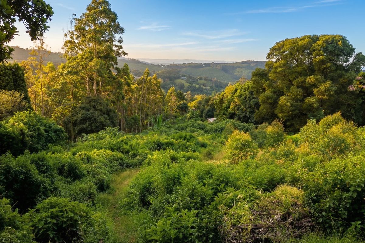 A scenic view of a lush, green, sloped landscape with dense native vegetation and rolling hills in the background.