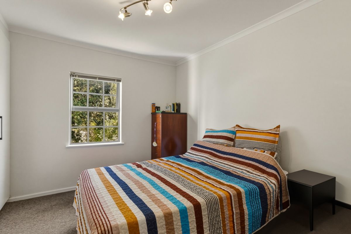 A well-maintained bedroom featuring neutral walls, carpeted flooring, and a multi-pane window providing natural light.