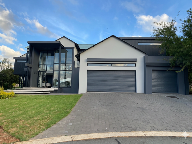 Modern architectural home featuring a striking double garage, paved driveway, and expansive floor-to-ceiling glass windows, showcasing a contemporary design and well-maintained exterior.