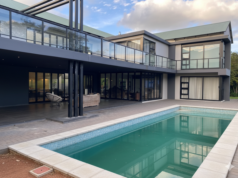 Modern two-story residence featuring a spacious covered patio, glass balcony railings, and a swimming pool with a paved surround.