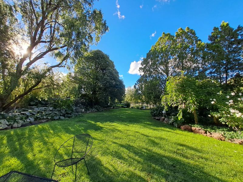 A well-maintained, spacious garden featuring a lush green lawn, mature trees, and established stone-edged garden beds.