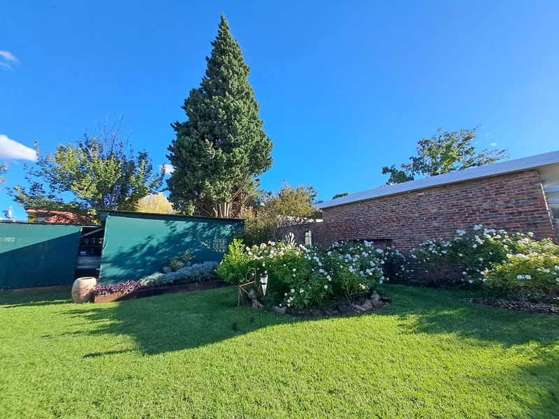 A well-maintained garden area featuring a lush green lawn, established rose bushes, and a classic brick wall boundary.