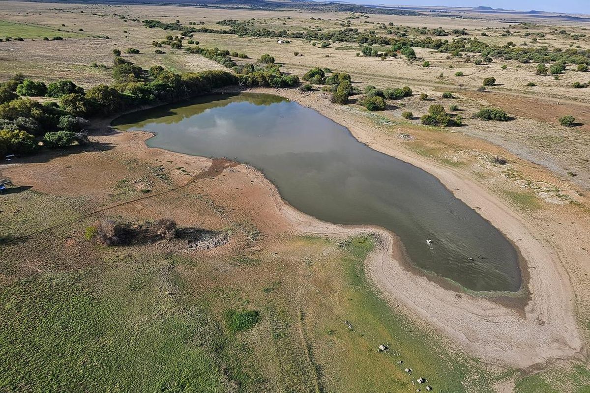 An aerial view of a natural farm dam surrounded by open grazing land and indigenous vegetation.