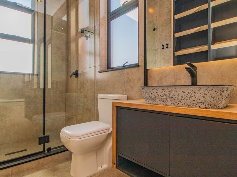 Modern bathroom featuring a glass-enclosed shower, a unique stone vessel sink on a wooden vanity, and contemporary tiled finishes.