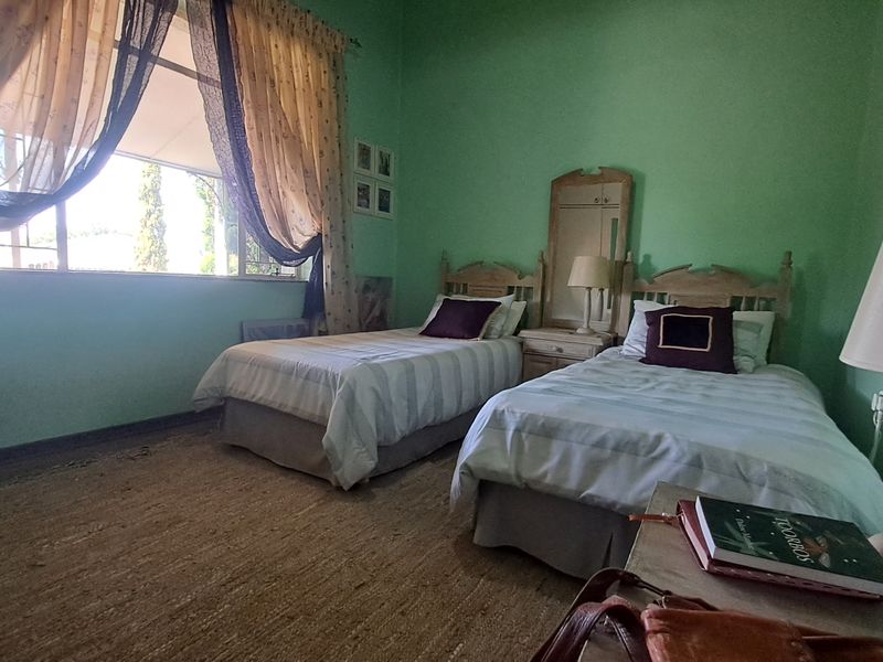 A bedroom featuring green walls and a large window allowing natural light.
