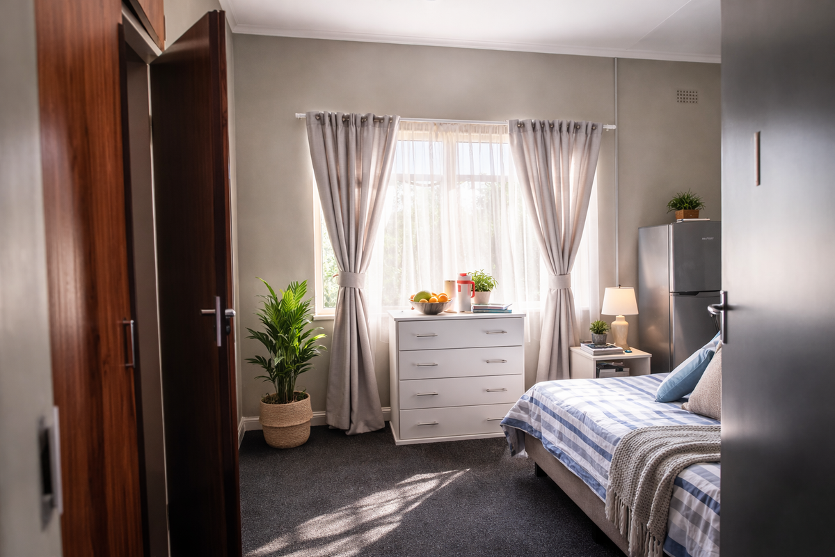 A well-lit bedroom featuring carpeted flooring, a built-in cupboard, and a window with curtains, offering a comfortable and functional living space.