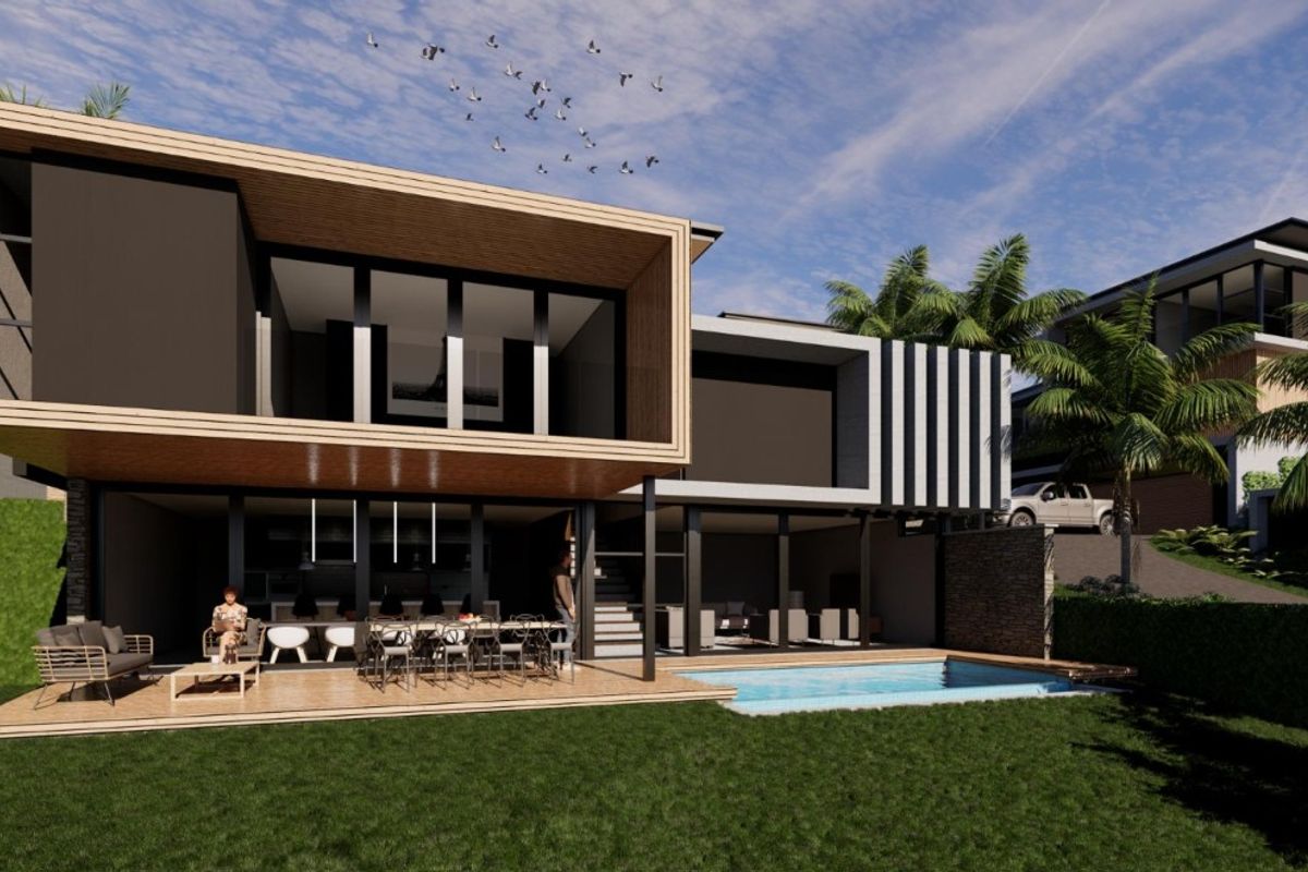 A modern architectural rendering of a rear exterior featuring a swimming pool, timber deck, and expansive glass sliding doors opening to the living area.