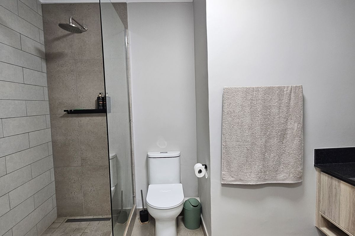 Modern bathroom featuring a walk-in shower with glass screen, wall-mounted shower head, toilet, and a vanity unit with a dark countertop.