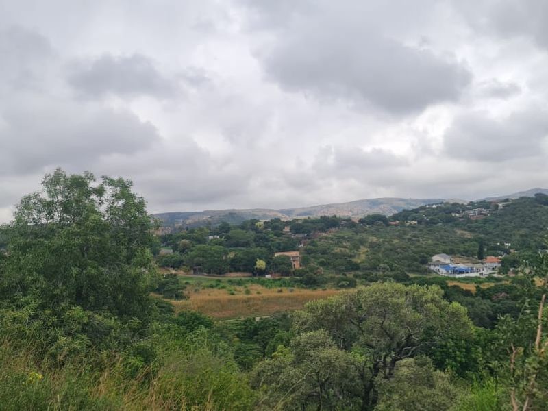 A scenic landscape view overlooking a hilly, vegetated area with distant residential structures under a cloudy sky.