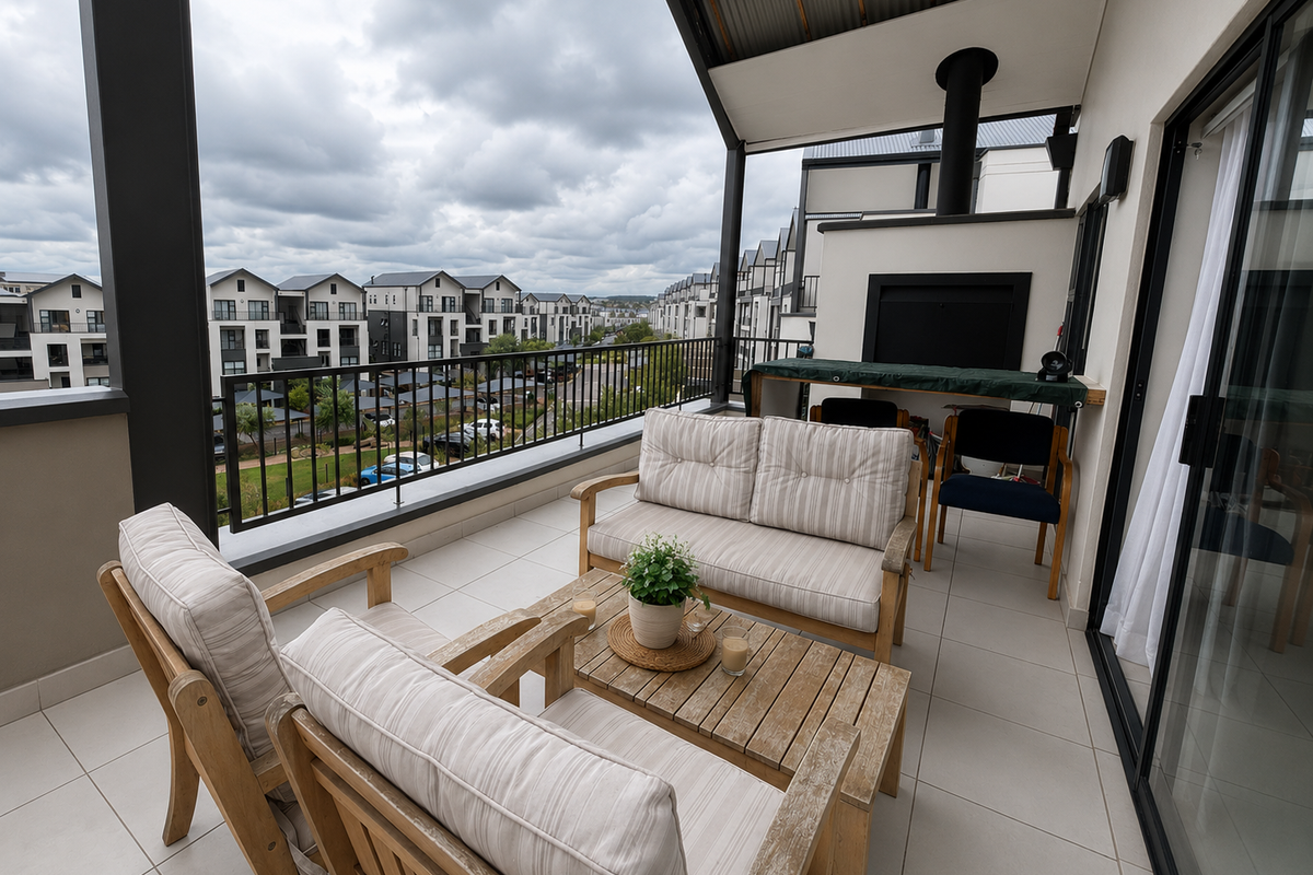 Covered balcony featuring tiled flooring, a built-in braai, and a metal balustrade, offering an elevated view of the surrounding townhouse complex.