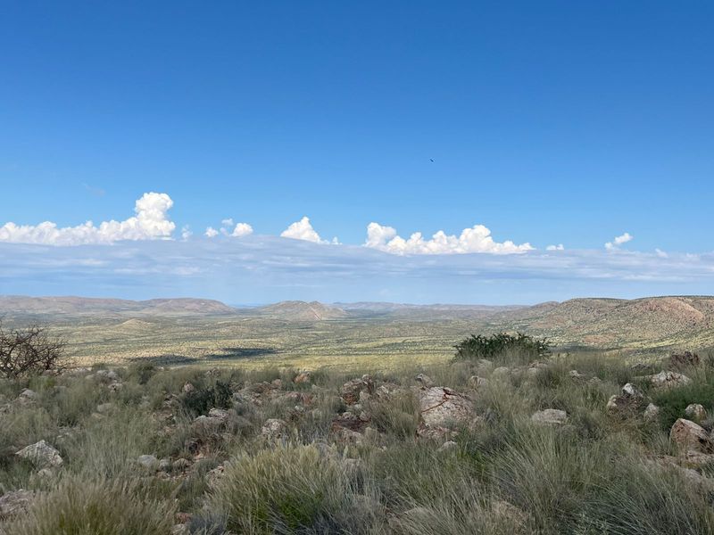 Expansive panoramic landscape view overlooking the natural farm terrain, featuring rolling hills and native vegetation under a clear blue sky.