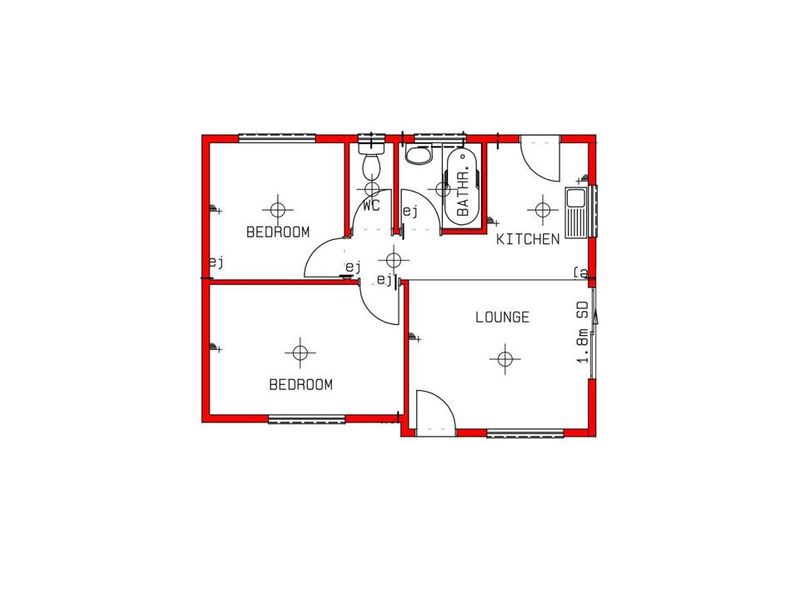 A clear architectural floor plan showing the layout of two bedrooms, a lounge, a kitchen, and a bathroom.