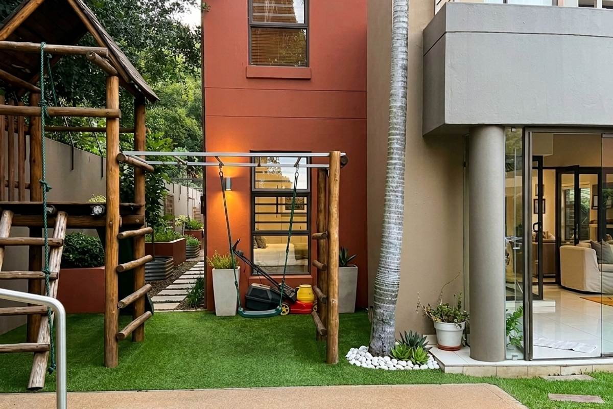 Rear exterior view of the property featuring a swimming pool, artificial lawn, and a modern multi-story facade with sliding glass doors.