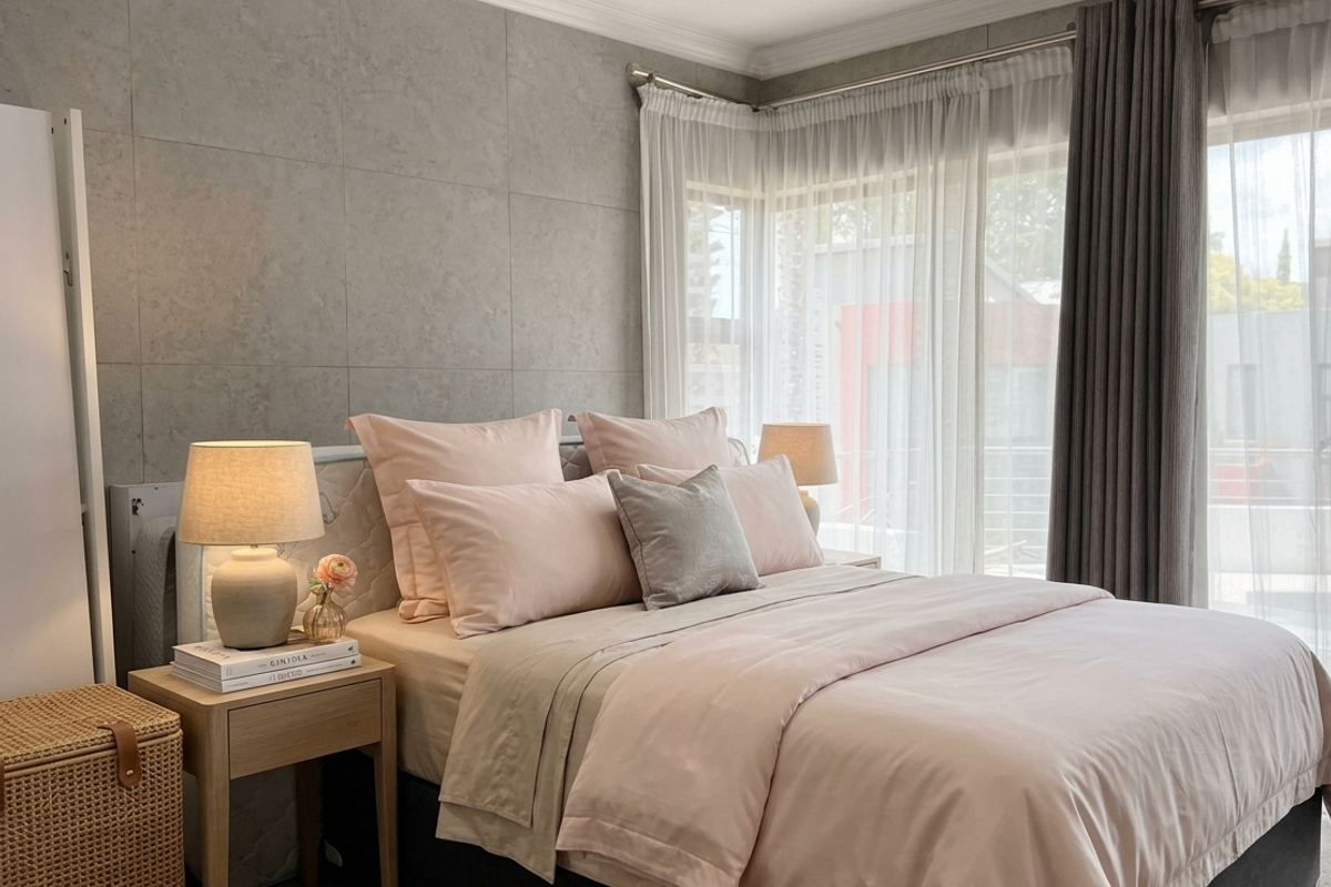 A well-appointed bedroom featuring large format grey wall tiles, neutral curtains, and recessed ceiling lighting, creating a modern and serene atmosphere.
