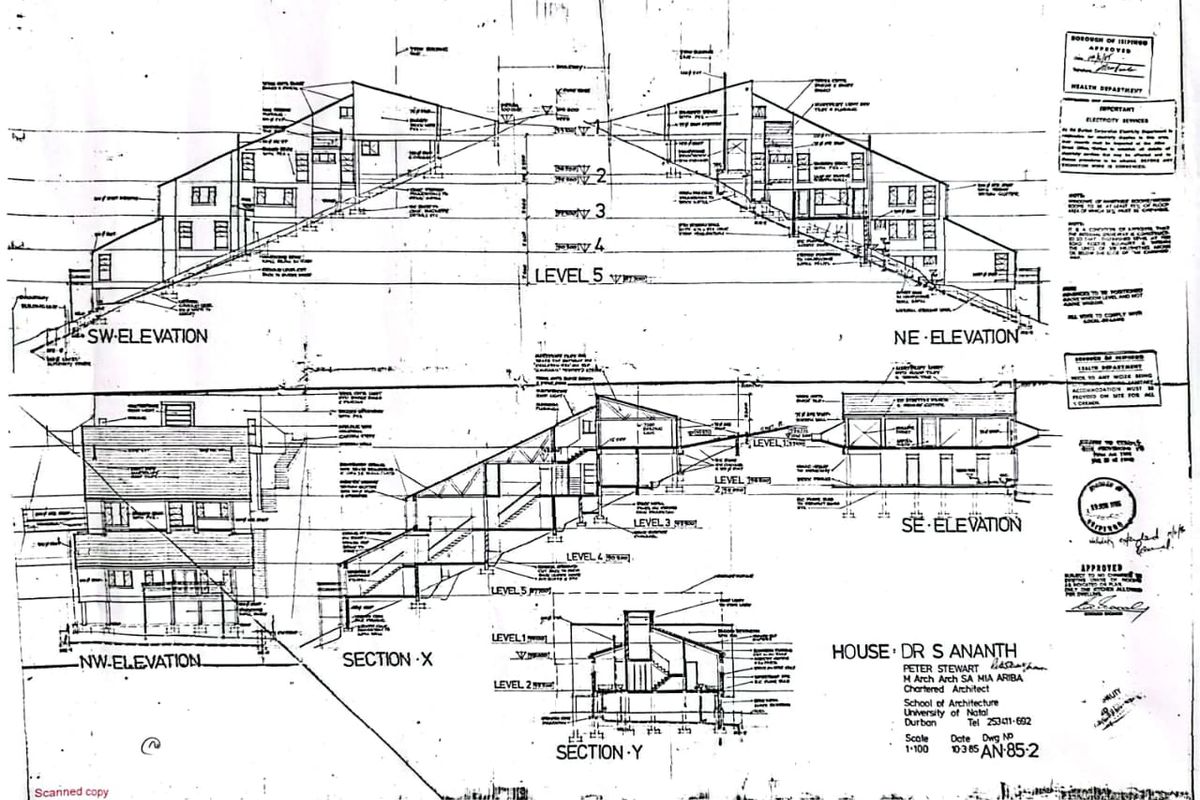 Architectural floor plan and elevation drawings for a residential property, detailing structural levels and building sections.