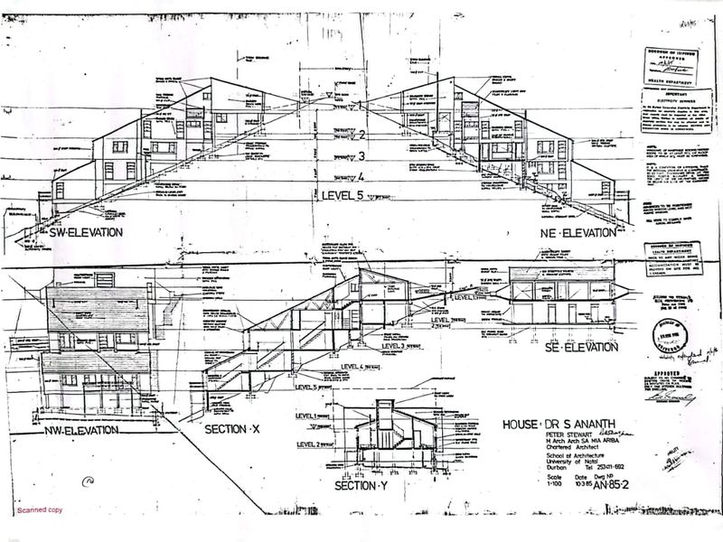 Architectural floor plan and elevation drawings for a residential property, detailing structural levels and building sections.