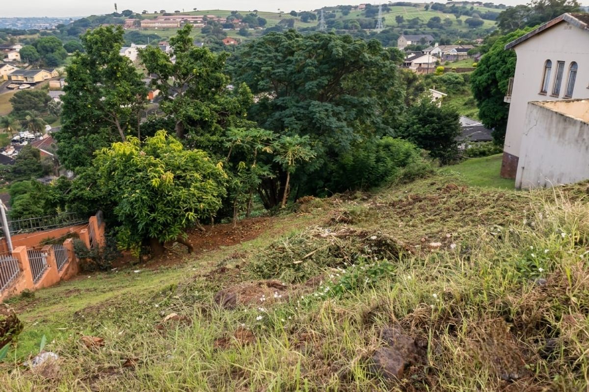 A view overlooking a sloped residential plot with mature trees and surrounding neighborhood scenery.
