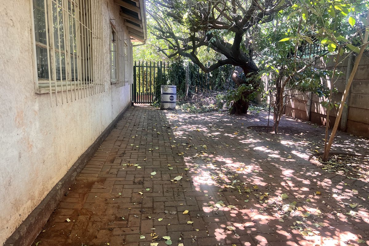 A rear exterior area featuring paved flooring, security bars on windows, and a perimeter wall, requiring maintenance and landscaping to improve its appeal.