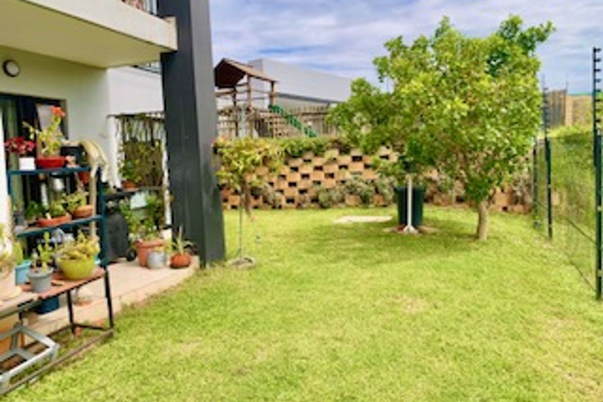 A private rear garden area featuring a lawn, established tree, and a retaining wall, adjacent to a covered patio space.