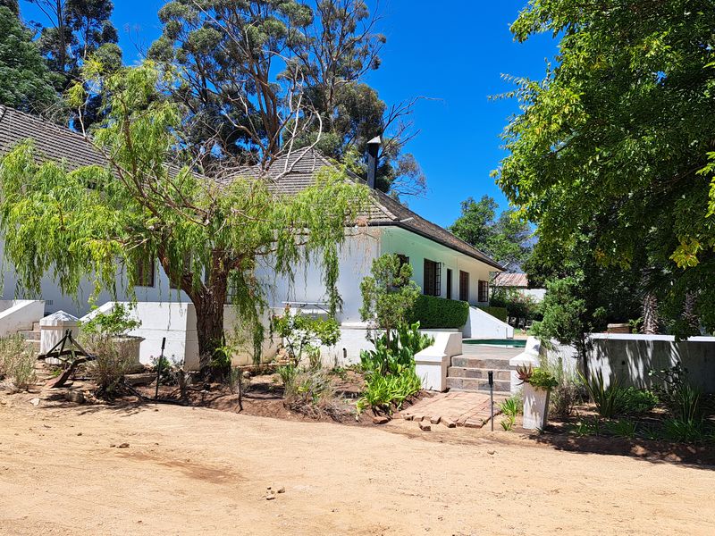Rear view of the farm residence featuring a swimming pool, tiled roof, and established garden surroundings with a dirt driveway approach.