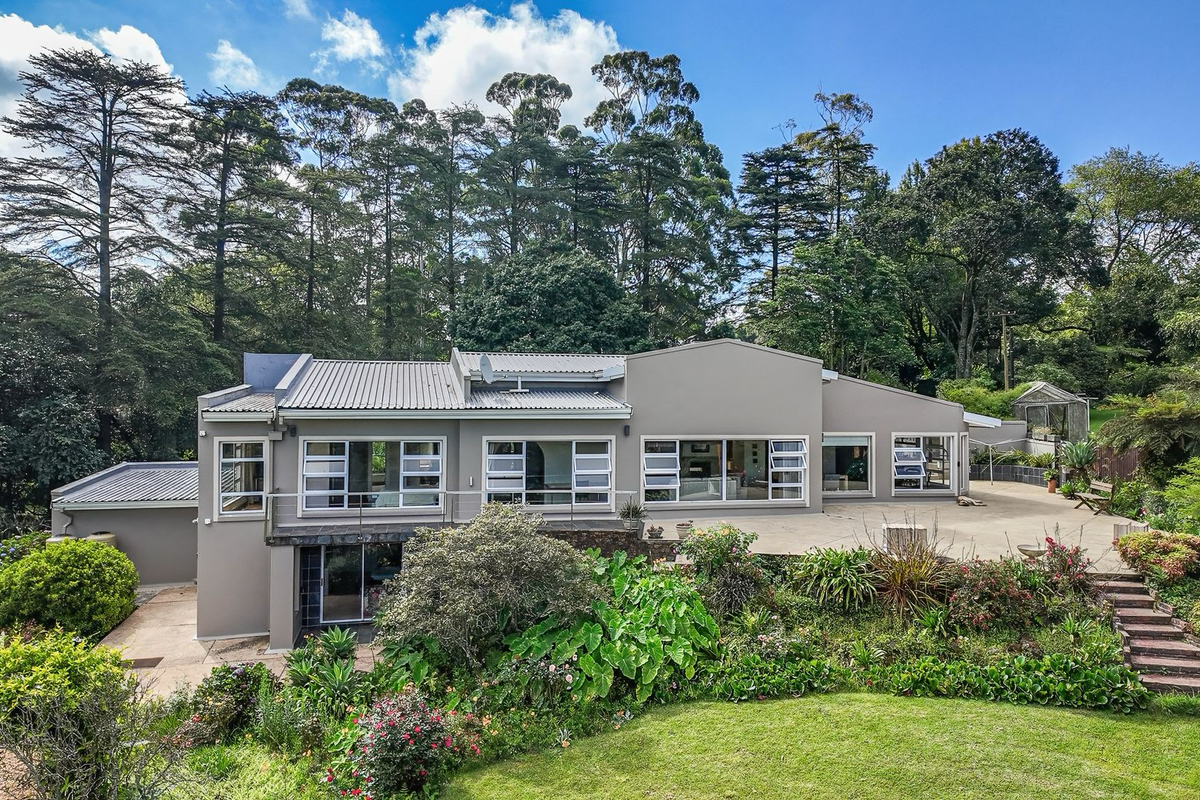 Rear view of a modern single-story residence featuring a large concrete patio, metal roof, and expansive windows overlooking a lush, landscaped garden.