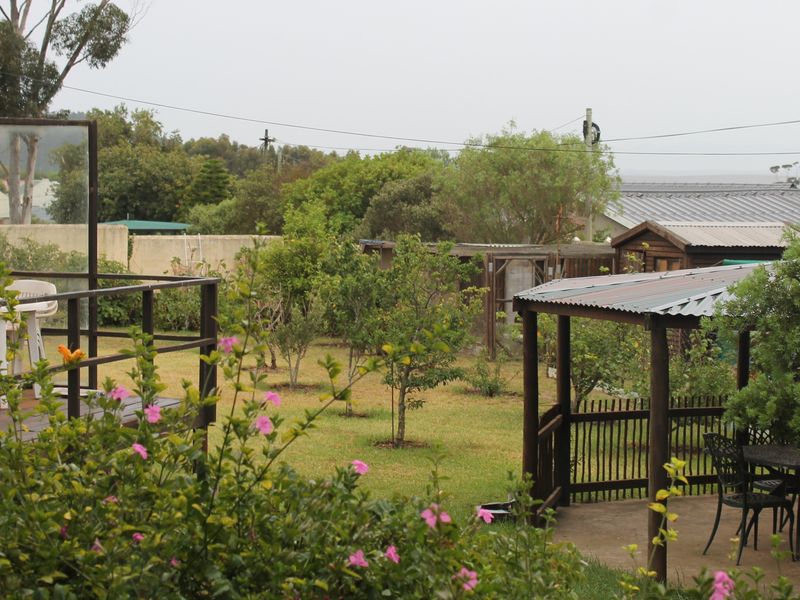 A rear garden view featuring a wooden deck, a covered pergola area, and established landscaping with a boundary wall.
