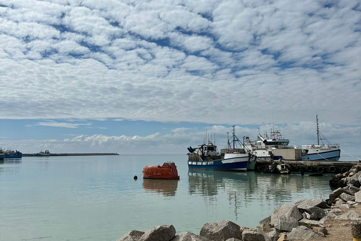 A scenic view of a harbour with fishing vessels moored at a jetty, framed by a rocky shoreline under a cloudy sky.