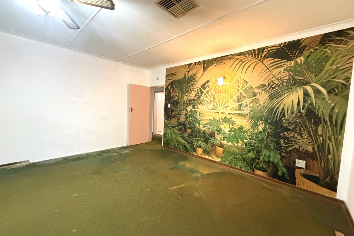 An empty living room featuring a large decorative wall mural, ceiling fan, and air conditioning vent, with worn carpeting throughout.