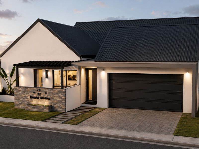 Modern single-story residence featuring a corrugated metal roof, stone-clad entrance detail, paved driveway, and integrated garage, presented in a clean, contemporary architectural style.