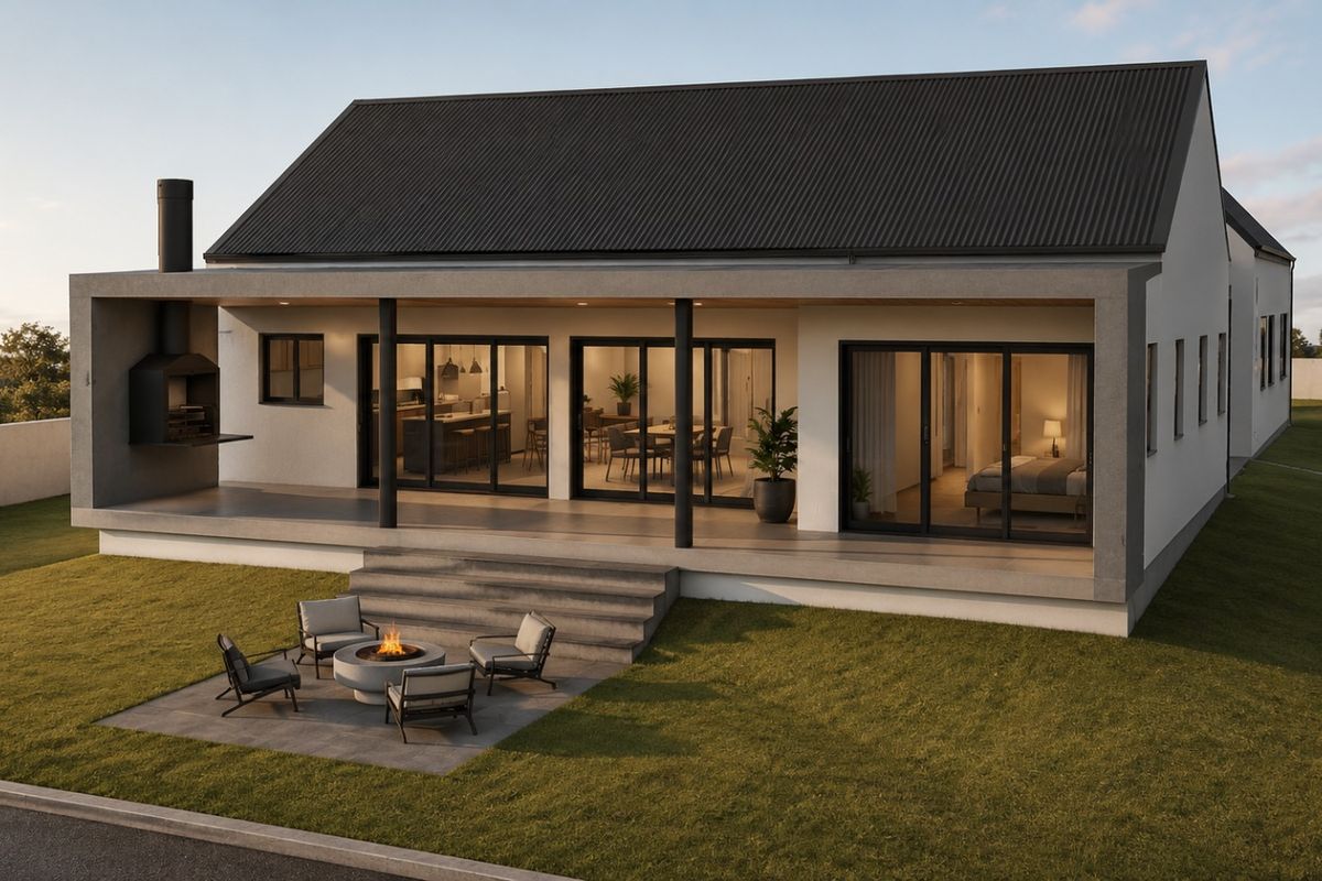 Modern rear exterior view featuring a covered patio with a built-in fireplace, large sliding glass doors, and a landscaped garden with a fire pit.