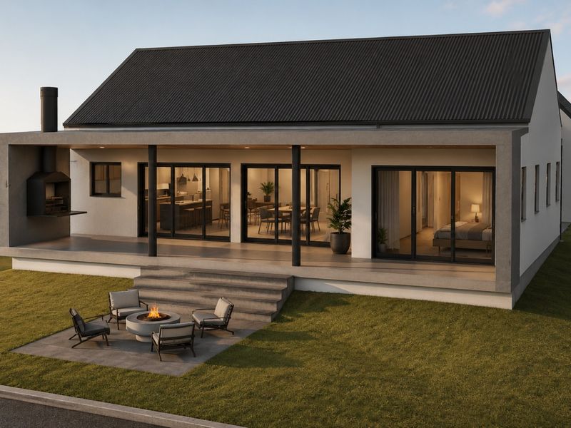 Modern rear exterior view featuring a covered patio with a built-in fireplace, large sliding glass doors, and a landscaped garden with a fire pit.
