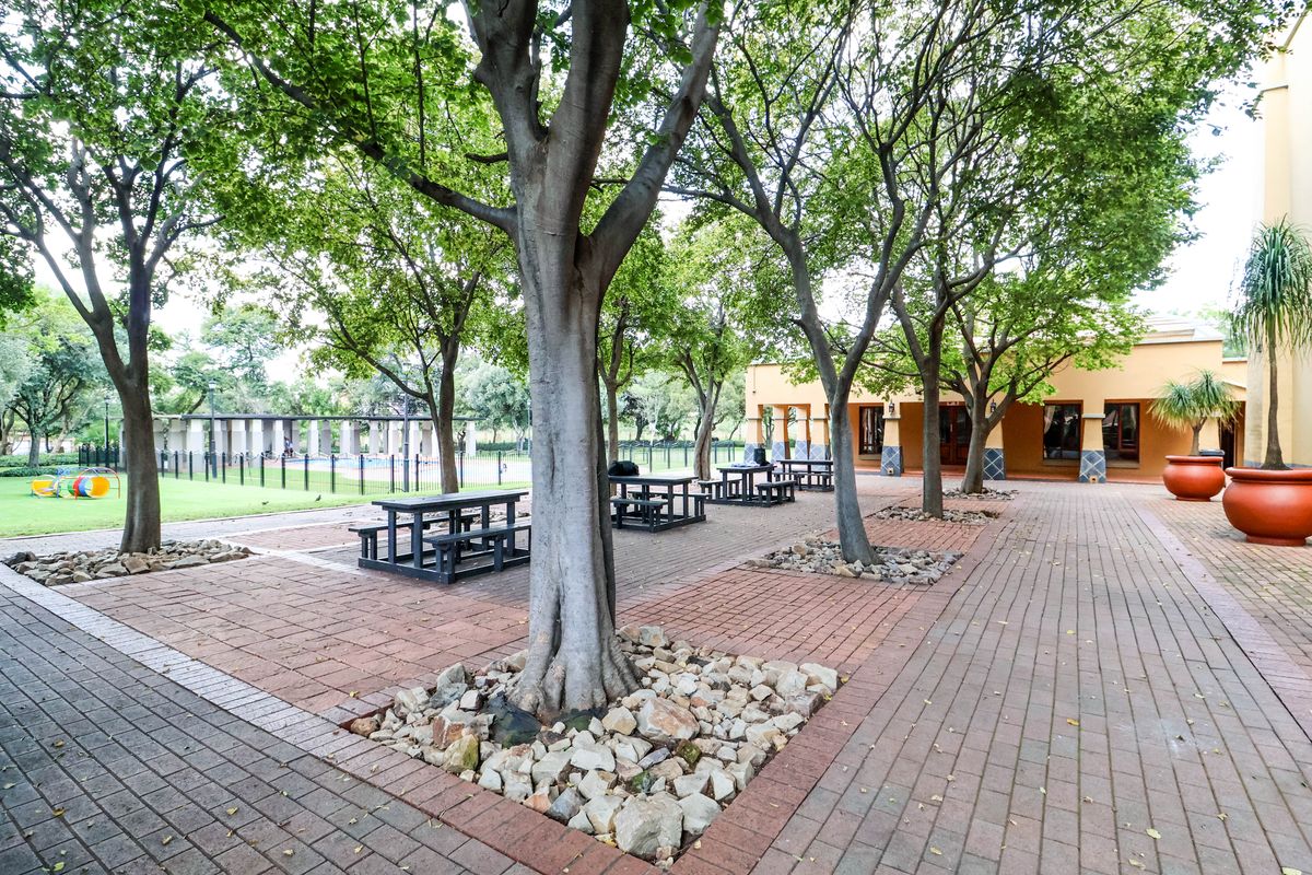 A well-maintained paved outdoor courtyard area featuring mature trees, stone landscaping, and access to communal building facilities.