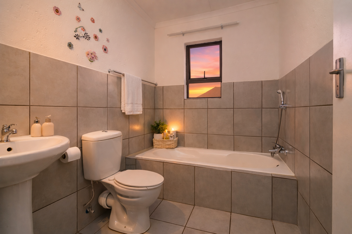A functional bathroom featuring a pedestal sink, a standard toilet, and a tiled bathtub with a shower mixer.