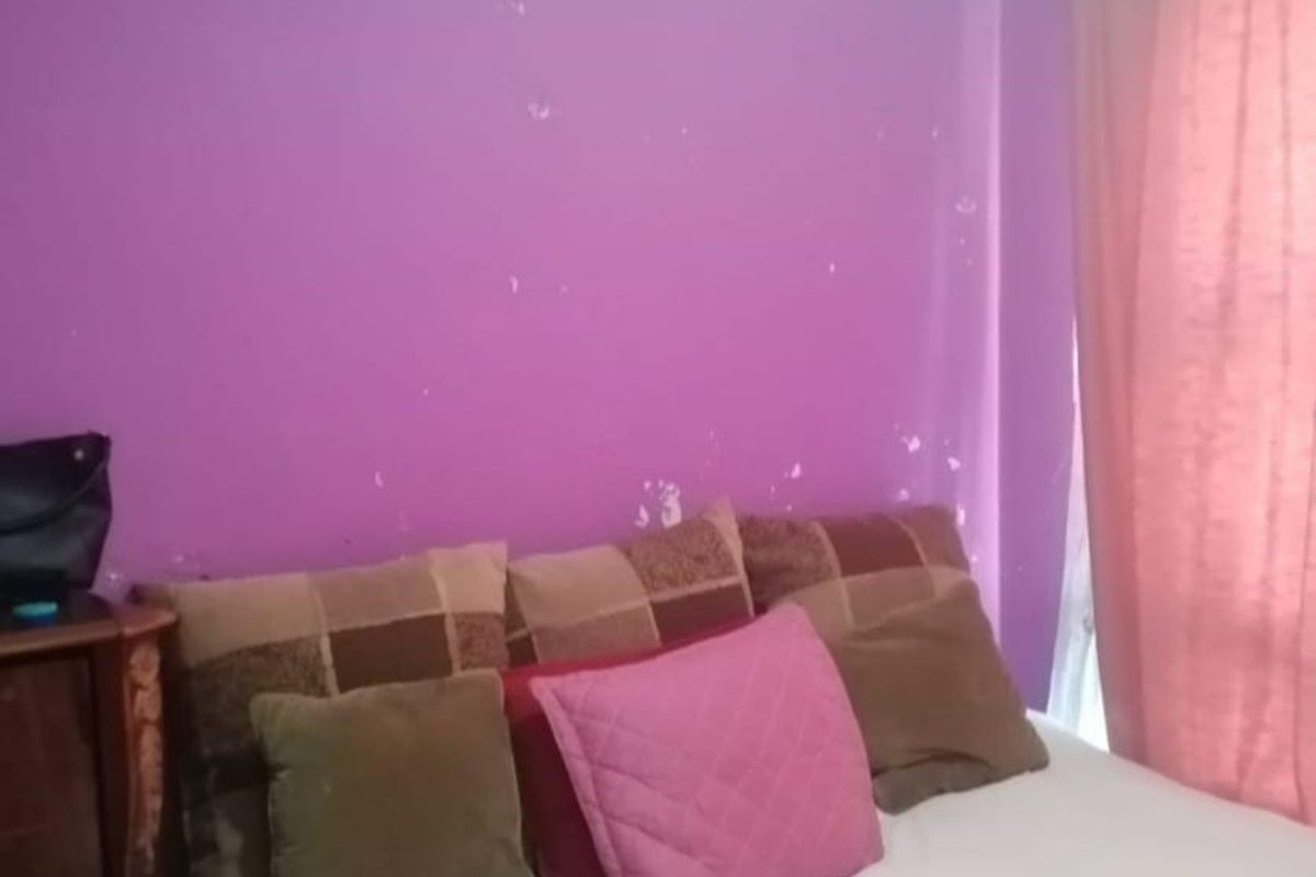 A bedroom featuring purple walls with visible surface wear and paint damage, requiring cosmetic attention.