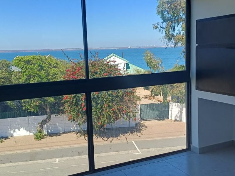 A clear view of the ocean and surrounding landscape captured through a large, modern black-framed window.