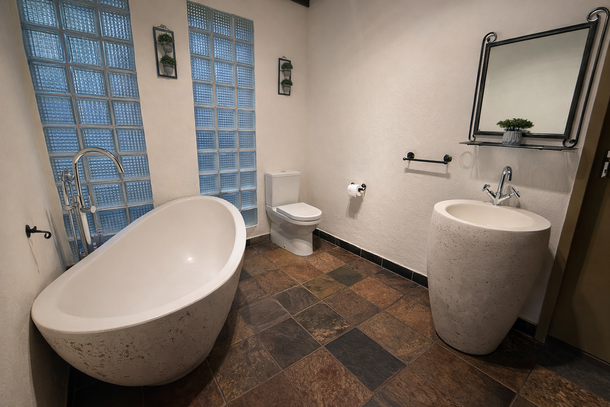 A modern bathroom featuring a unique freestanding bathtub, a stone-style pedestal basin, and distinctive glass block windows, finished with dark slate-look floor tiles.