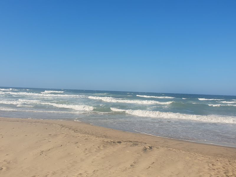A scenic view of the ocean and sandy beach featuring a concrete pier extending into the water.