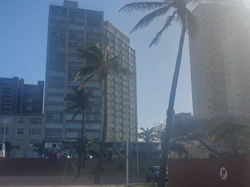 A street-level view of high-rise apartment buildings situated near a paved pedestrian area with mature palm trees.