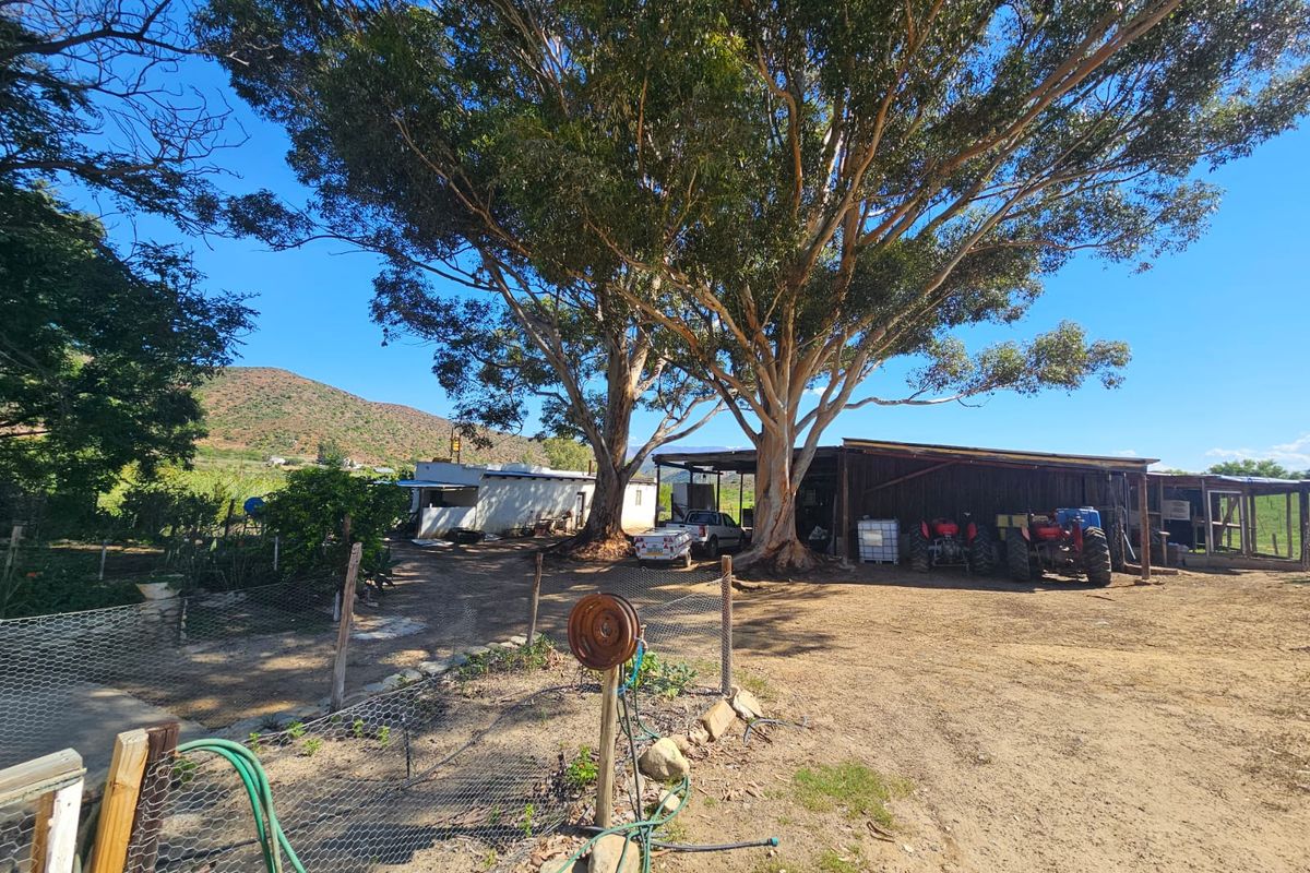 A rural farm yard area featuring large mature trees, a covered storage structure, and open space suitable for agricultural operations.