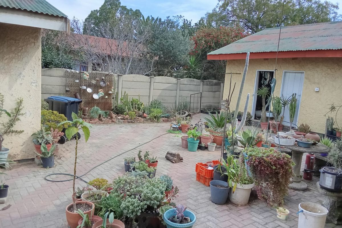 A paved rear courtyard area featuring a precast concrete boundary wall and access to an outbuilding with a corrugated metal roof.
