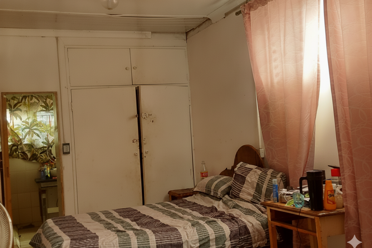 A bedroom featuring a built-in wardrobe and visible ceiling water damage, requiring maintenance and cosmetic updates to improve the overall condition.