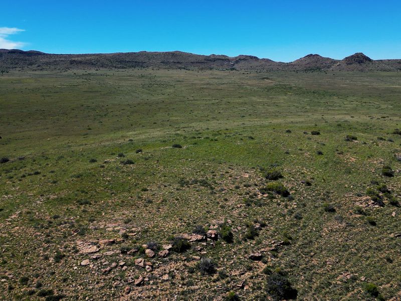 An expansive aerial view of the open farm landscape, featuring rolling hills and natural vegetation under a clear blue sky.