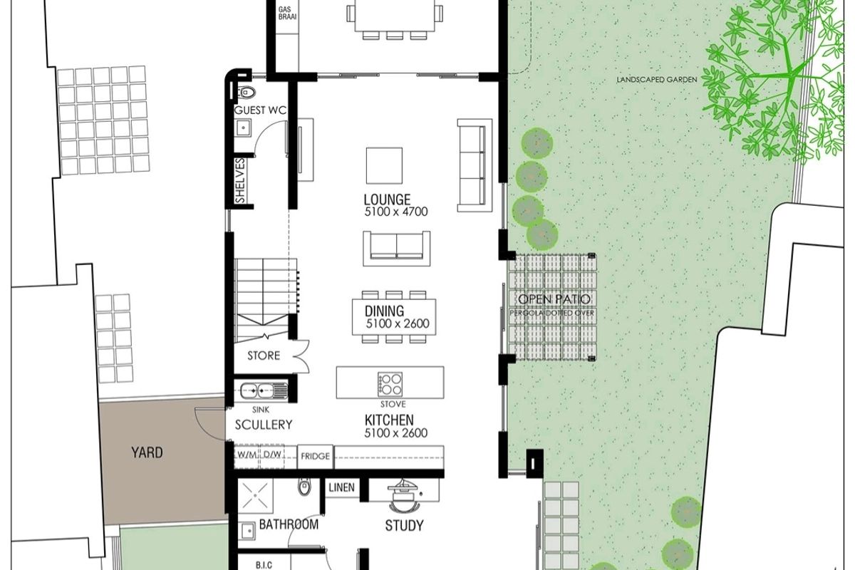 Ground floor architectural layout plan for Type A townhouse, detailing living areas, kitchen, bedrooms, and outdoor patio spaces.